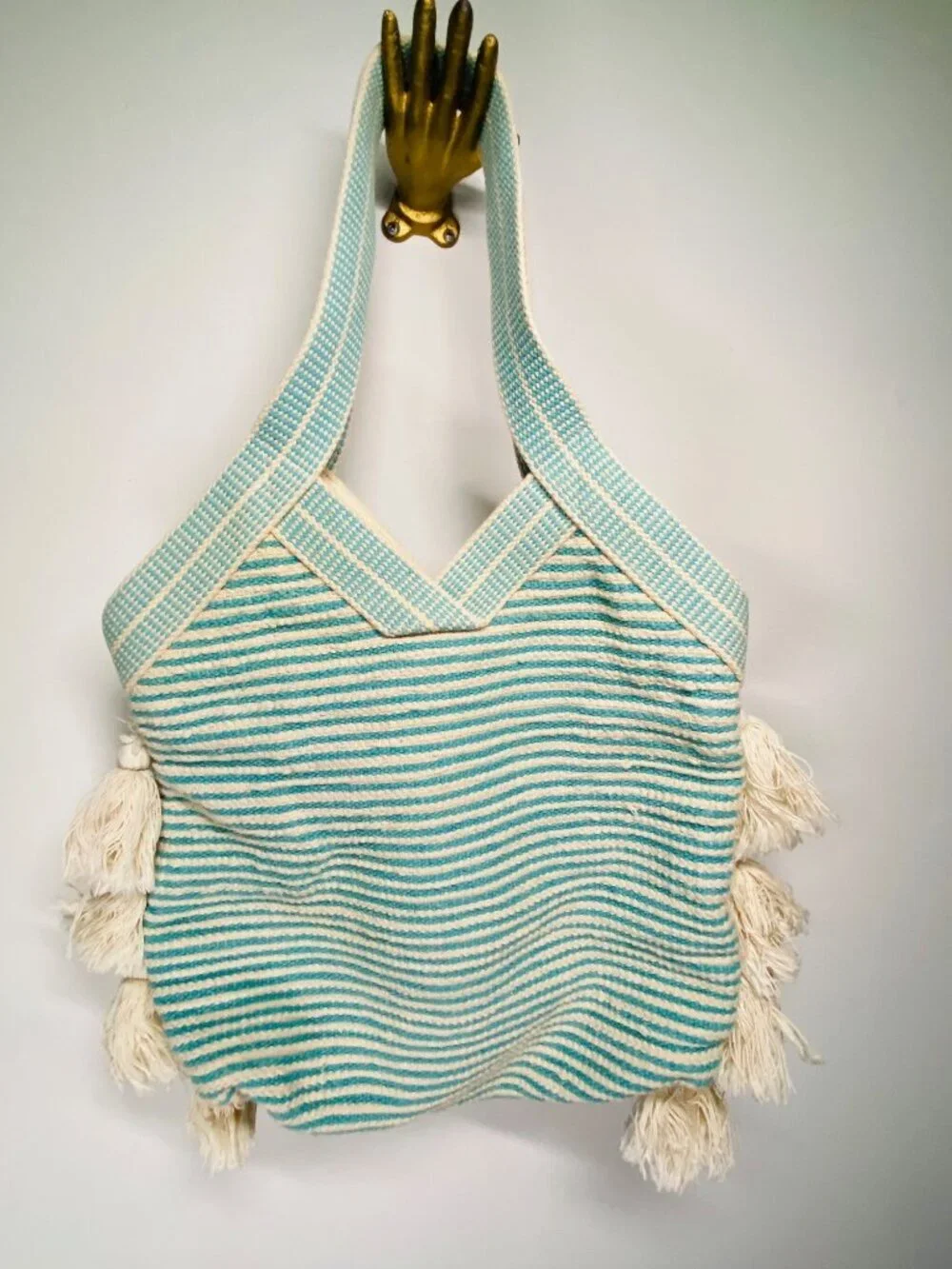 Boho Striped Cotton Tote With Tassels & Textured Diamond Pattern Beige & Teal La